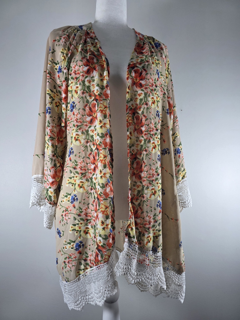 Floral Lace Trim Open Front Kimono Cardigan
